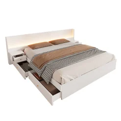 ModernLuxe Lit adulte de rangement 180x200cm en bois - avec prises USB et LED - 2 tables de chevet & 2 tiroirs - Blanc