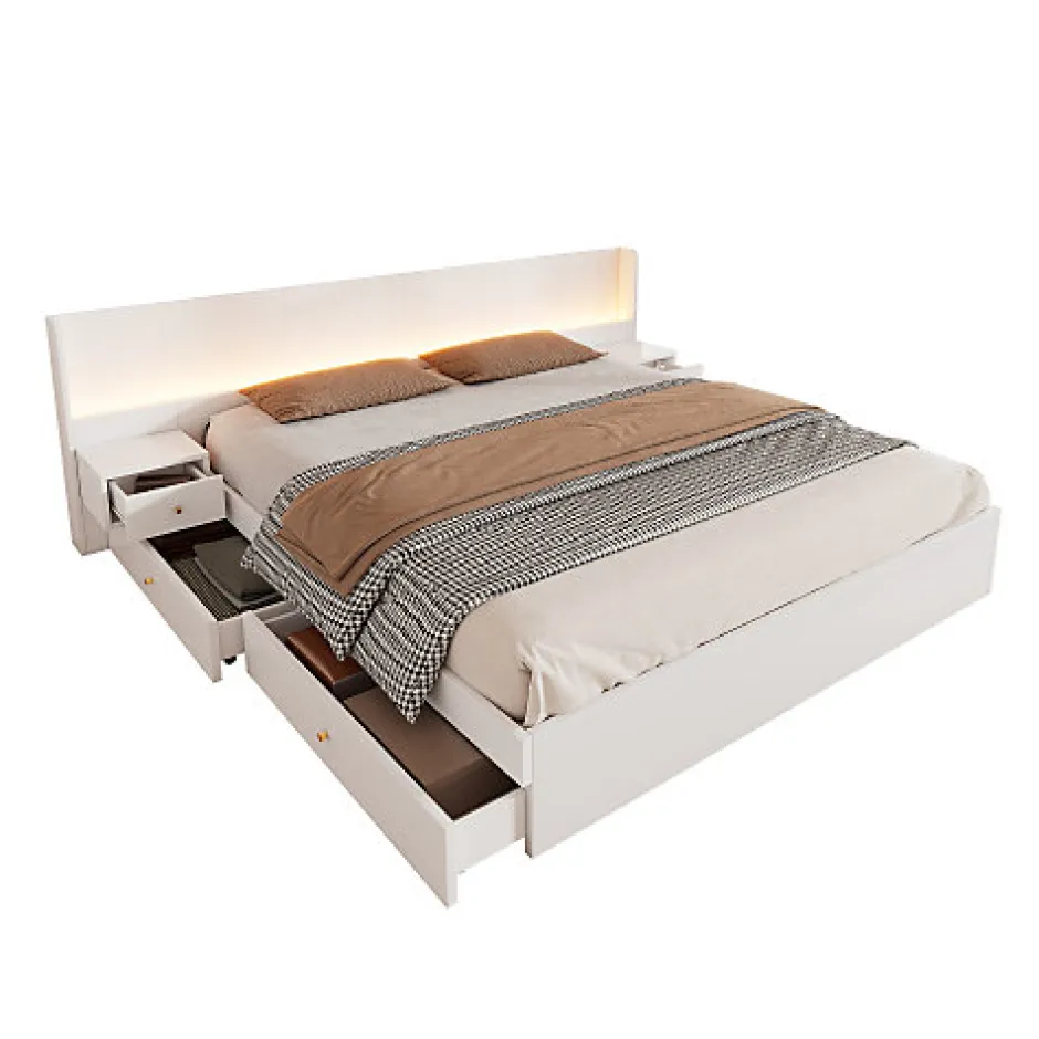 ModernLuxe Lit adulte de rangement 180x200cm en bois - avec prises USB et LED - 2 tables de chevet & 2 tiroirs - Blanc