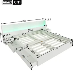 ModernLuxe Lit adulte de rangement 180x200cm en bois - avec prises USB et LED - 2 tables de chevet & 2 tiroirs - Blanc
