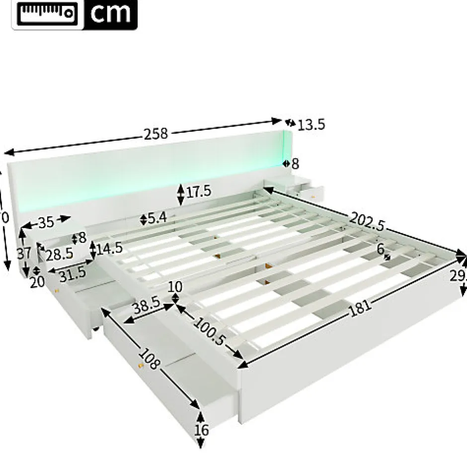 ModernLuxe Lit adulte de rangement 180x200cm en bois - avec prises USB et LED - 2 tables de chevet & 2 tiroirs - Blanc