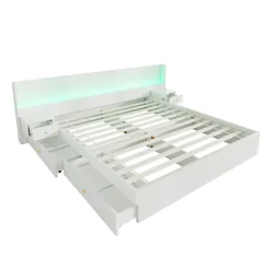 ModernLuxe Lit adulte de rangement 180x200cm en bois - avec prises USB et LED - 2 tables de chevet & 2 tiroirs - Blanc