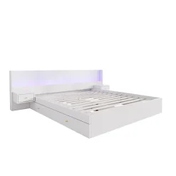 ModernLuxe Lit adulte de rangement 180x200cm en bois - avec prises USB et LED - 2 tables de chevet & 2 tiroirs - Blanc
