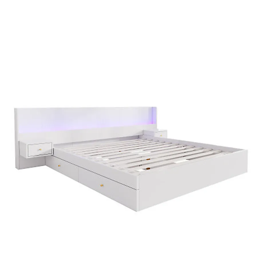 ModernLuxe Lit adulte de rangement 180x200cm en bois - avec prises USB et LED - 2 tables de chevet & 2 tiroirs - Blanc