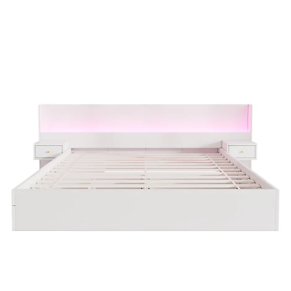 ModernLuxe Lit adulte de rangement 180x200cm en bois - avec prises USB et LED - 2 tables de chevet & 2 tiroirs - Blanc