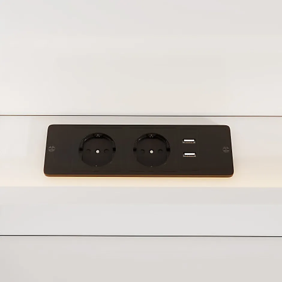 ModernLuxe Lit adulte de rangement 180x200cm en bois - avec prises USB et LED - 2 tables de chevet & 2 tiroirs - Blanc