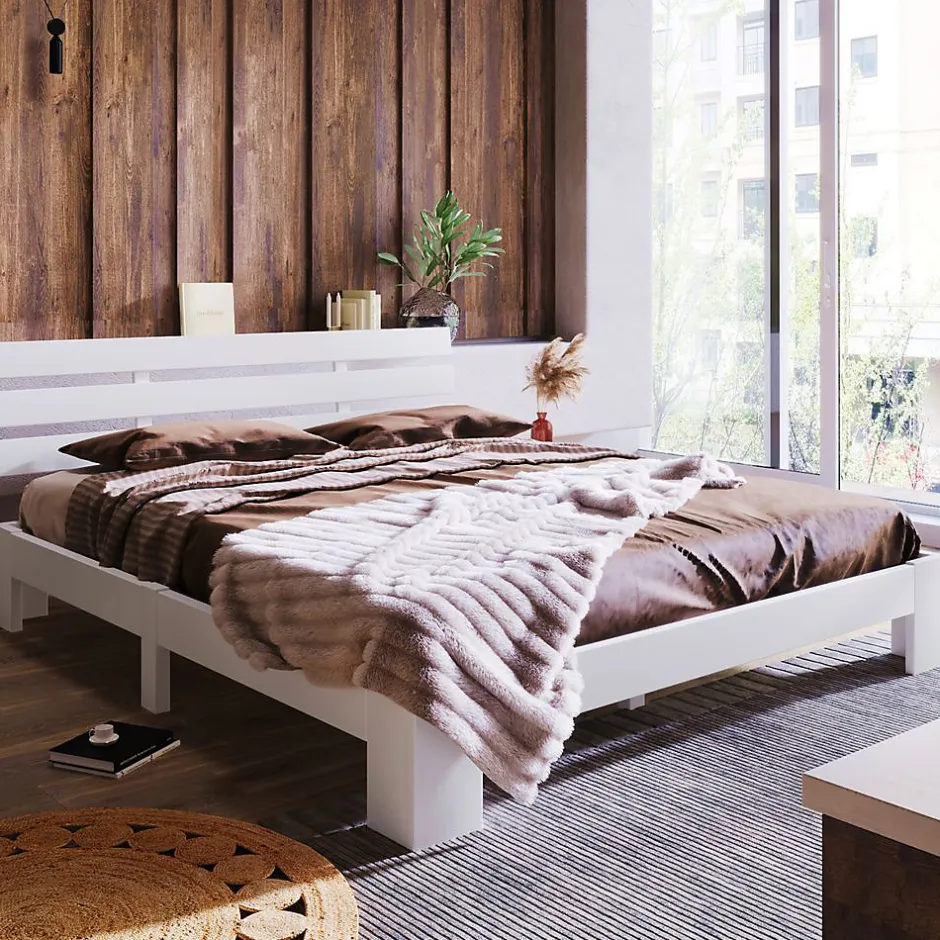Blackcolors Lit Adulte Double Bois Massif 140x200cm Tête Lit Blanc Discount