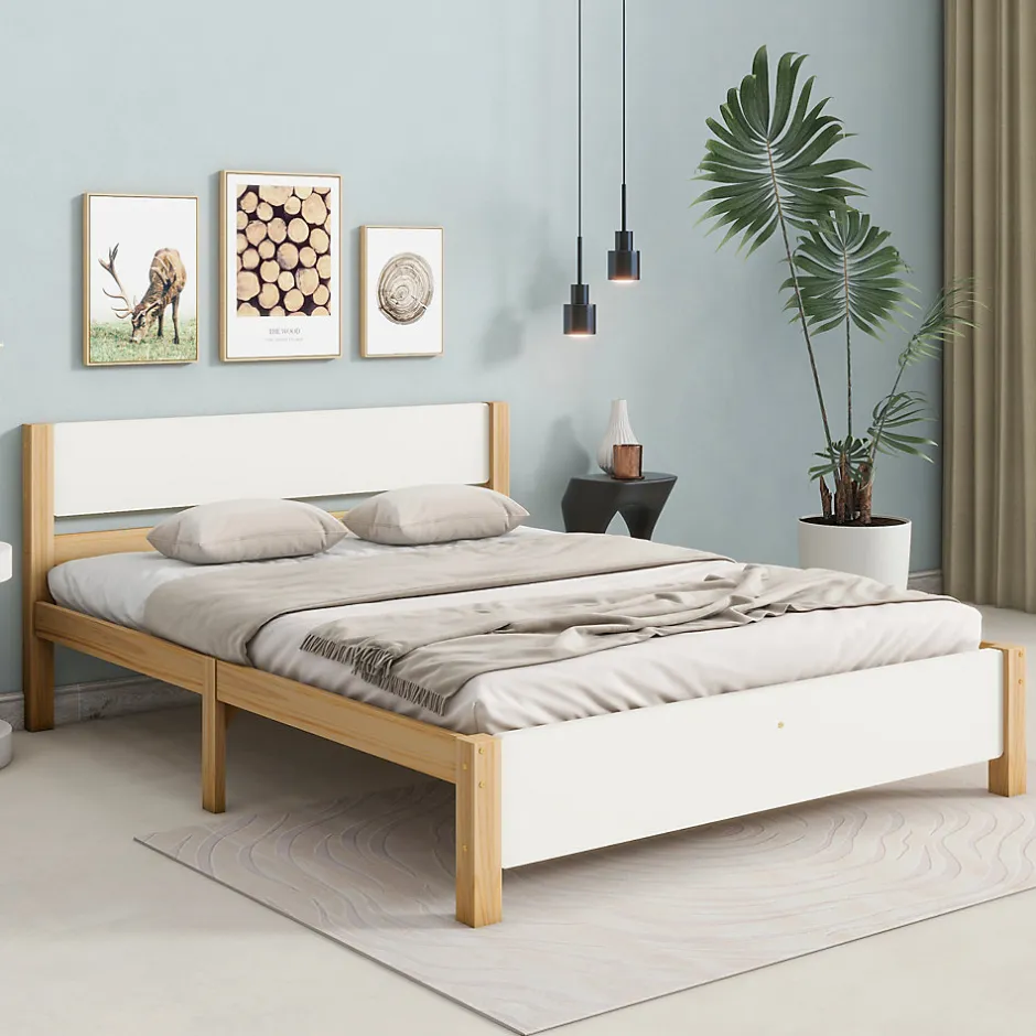 ProximaX Lit adulte double en bois - cadre en pin avec tête de lit et sommier à lattes lit en MDF blanc + naturel - 140x200 cm