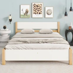 ProximaX Lit adulte double en bois - cadre en pin avec tête de lit et sommier à lattes lit en MDF blanc + naturel - 140x200 cm