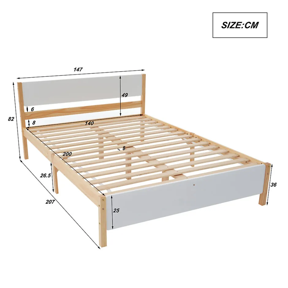 ProximaX Lit adulte double en bois - cadre en pin avec tête de lit et sommier à lattes lit en MDF blanc + naturel - 140x200 cm