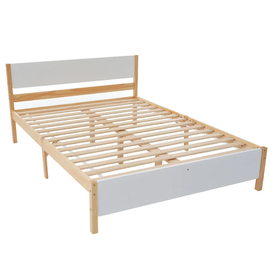 ProximaX Lit adulte double en bois - cadre en pin avec tête de lit et sommier à lattes lit en MDF blanc + naturel - 140x200 cm