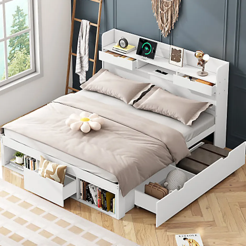 ModernLuxe Lit adulte en MDF 180x200 cm - Avec port de recharge et rangements multifonctionnels - Blanc (matelas non inclus)