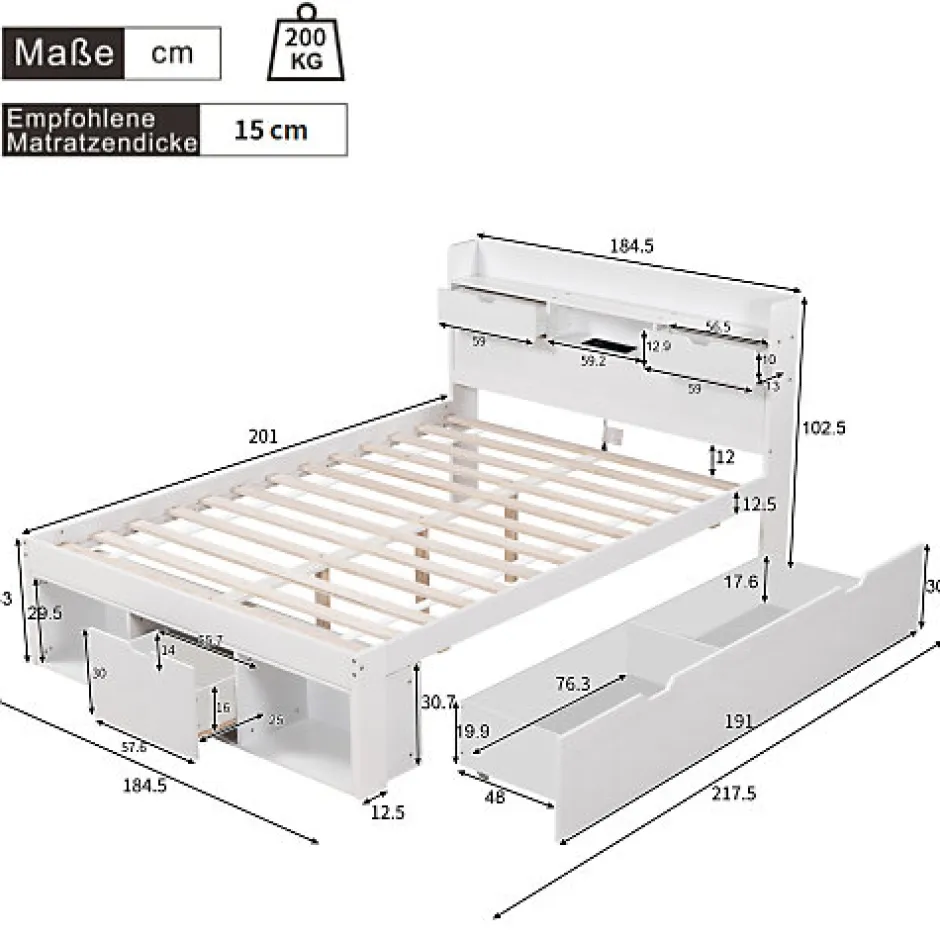 ModernLuxe Lit adulte en MDF 180x200 cm - Avec port de recharge et rangements multifonctionnels - Blanc (matelas non inclus)