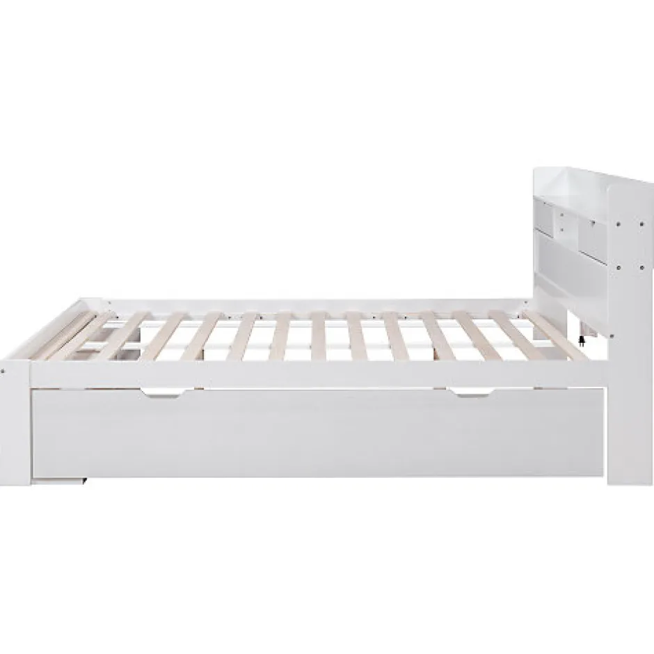 ModernLuxe Lit adulte en MDF 180x200 cm - Avec port de recharge et rangements multifonctionnels - Blanc (matelas non inclus)