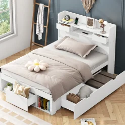 ModernLuxe Lit adulte en MDF 90x200 cm - Avec port de recharge et rangements multifonctionnels - Blanc (matelas non inclus)