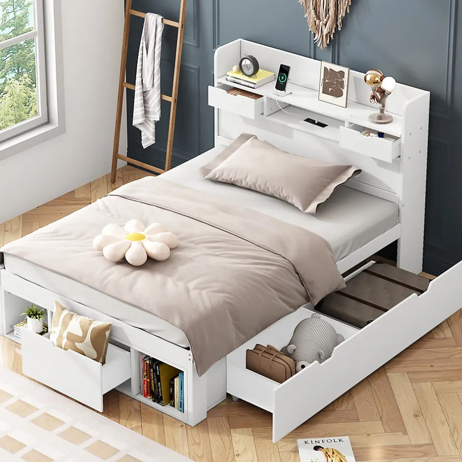 ModernLuxe Lit adulte en MDF 90x200 cm - Avec port de recharge et rangements multifonctionnels - Blanc (matelas non inclus)