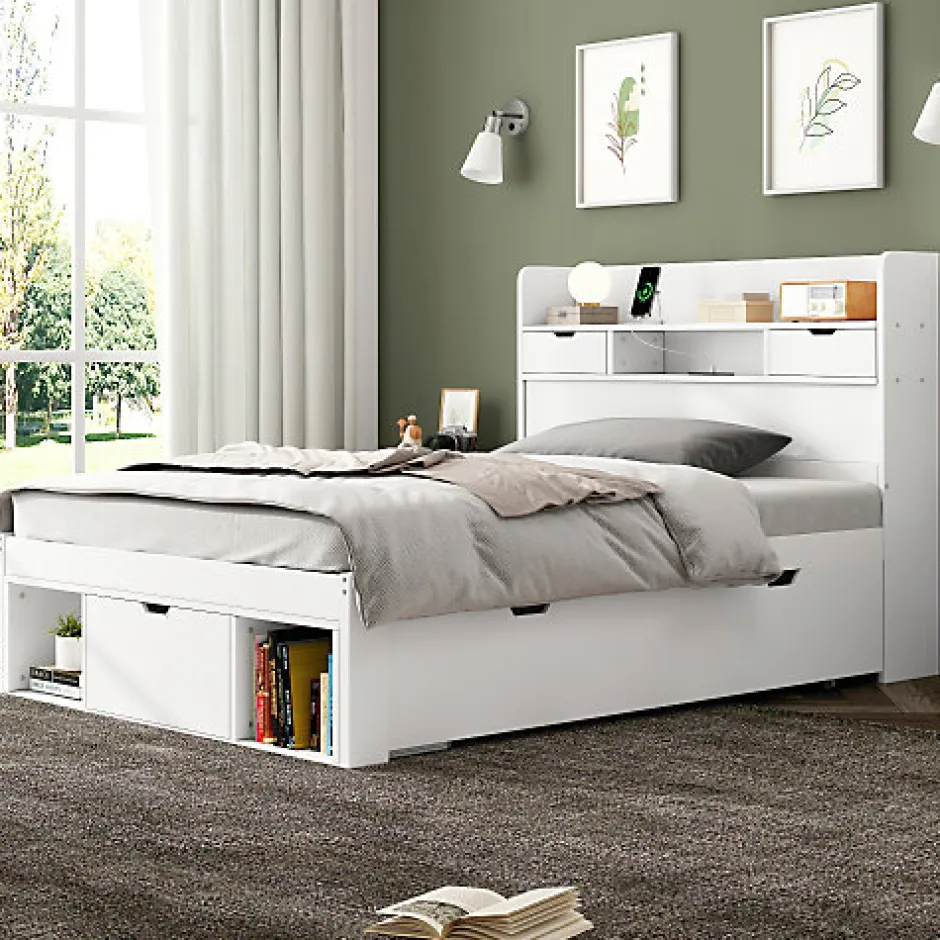 ModernLuxe Lit adulte en MDF 90x200 cm - Avec port de recharge et rangements multifonctionnels - Blanc (matelas non inclus)