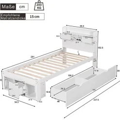ModernLuxe Lit adulte en MDF 90x200 cm - Avec port de recharge et rangements multifonctionnels - Blanc (matelas non inclus)