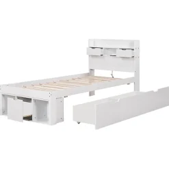 ModernLuxe Lit adulte en MDF 90x200 cm - Avec port de recharge et rangements multifonctionnels - Blanc (matelas non inclus)