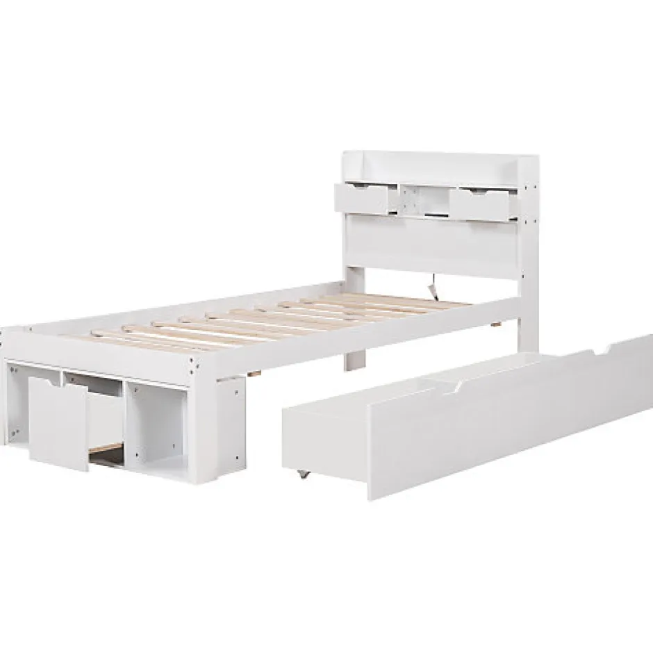 ModernLuxe Lit adulte en MDF 90x200 cm - Avec port de recharge et rangements multifonctionnels - Blanc (matelas non inclus)