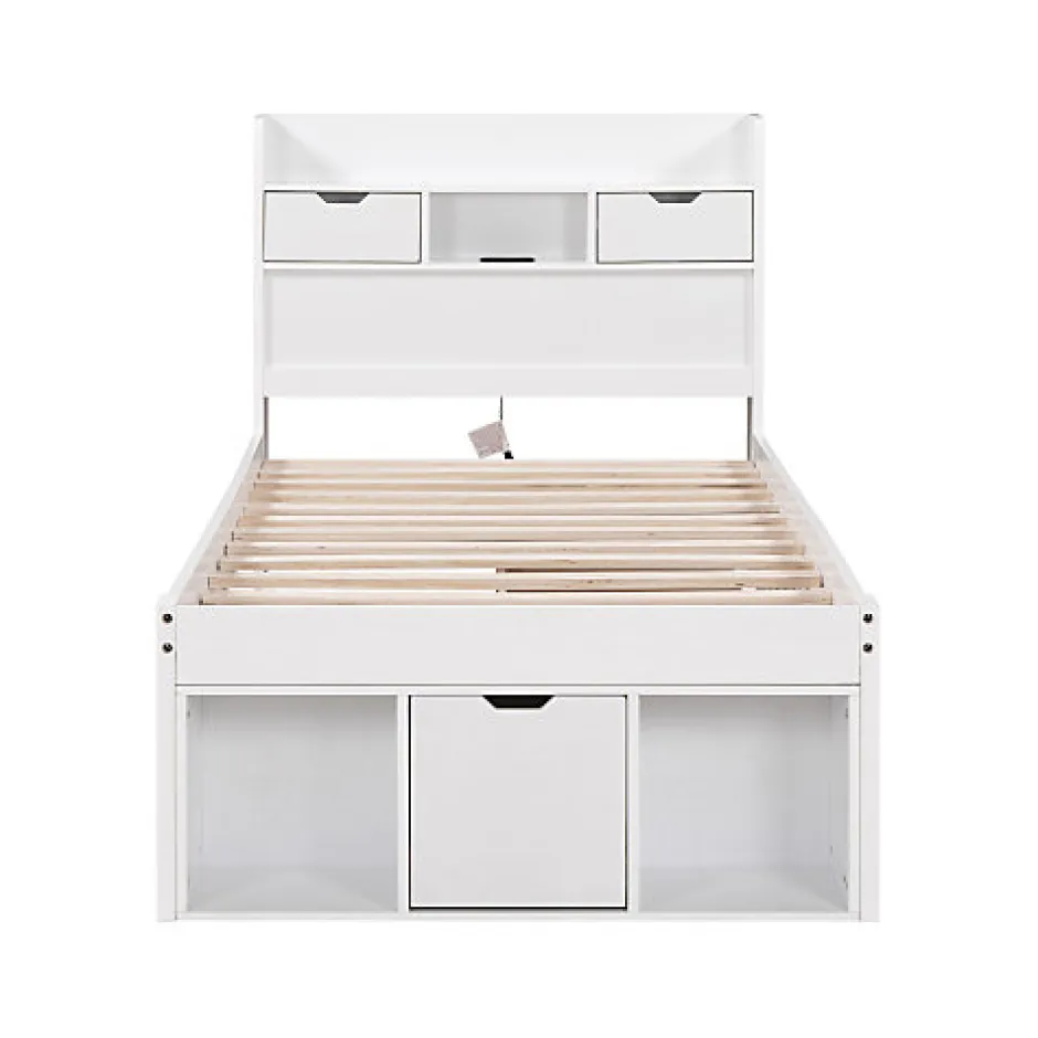 ModernLuxe Lit adulte en MDF 90x200 cm - Avec port de recharge et rangements multifonctionnels - Blanc (matelas non inclus)