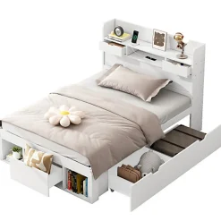 ModernLuxe Lit adulte en MDF 90x200 cm - Avec port de recharge et rangements multifonctionnels - Blanc (matelas non inclus)