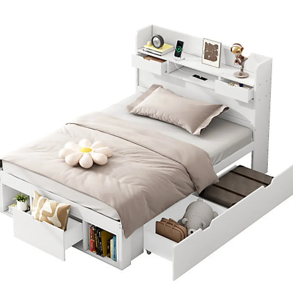 ModernLuxe Lit adulte en MDF 90x200 cm - Avec port de recharge et rangements multifonctionnels - Blanc (matelas non inclus)