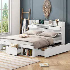 ModernLuxe Lit adulte en MDF 140x200 cm - Avec port de recharge et rangements multifonctionnels - Blanc (matelas non inclus)