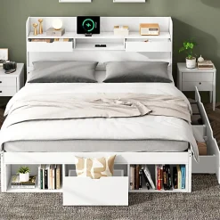ModernLuxe Lit adulte en MDF 140x200 cm - Avec port de recharge et rangements multifonctionnels - Blanc (matelas non inclus)