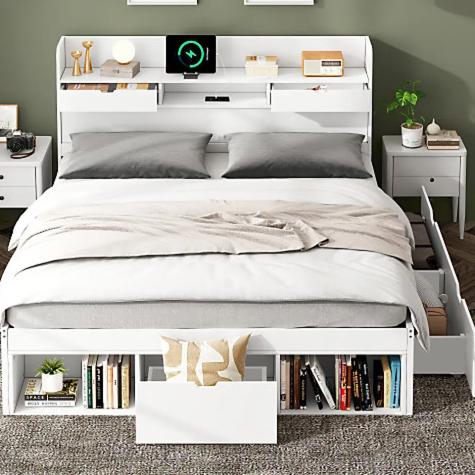 ModernLuxe Lit adulte en MDF 140x200 cm - Avec port de recharge et rangements multifonctionnels - Blanc (matelas non inclus)