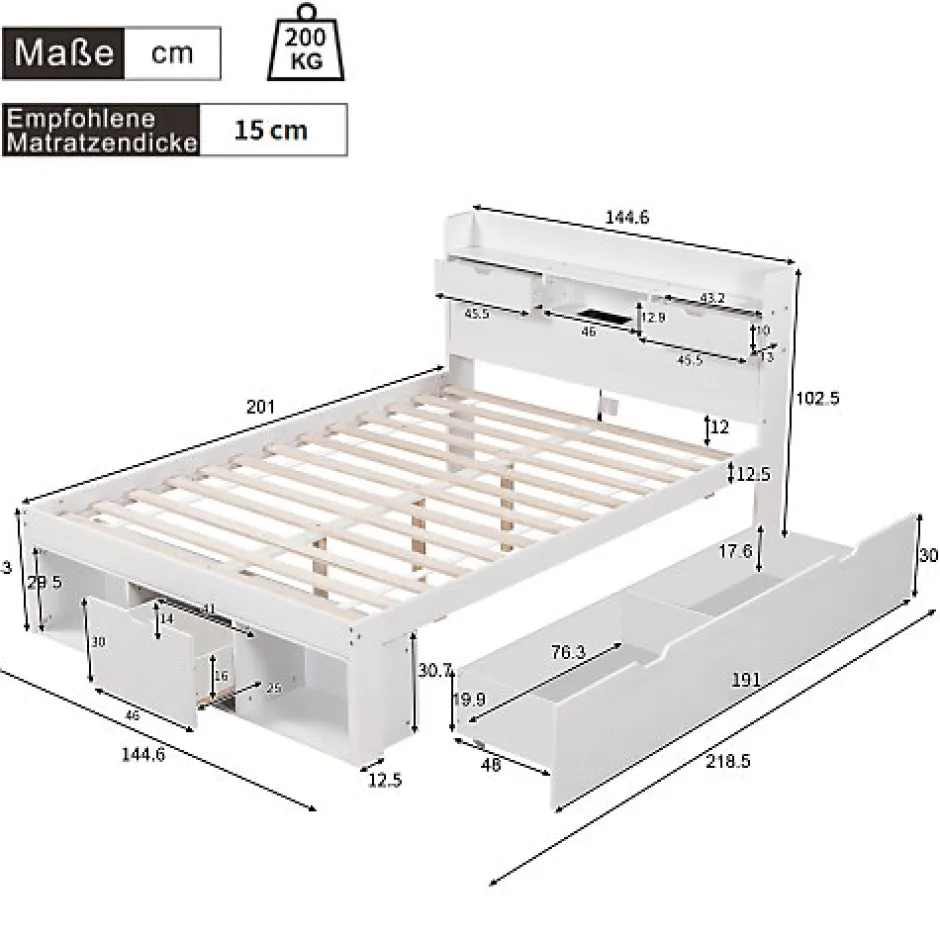 ModernLuxe Lit adulte en MDF 140x200 cm - Avec port de recharge et rangements multifonctionnels - Blanc (matelas non inclus)