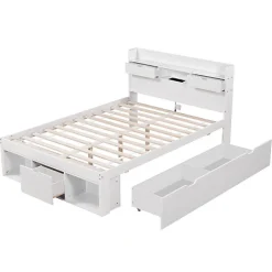 ModernLuxe Lit adulte en MDF 140x200 cm - Avec port de recharge et rangements multifonctionnels - Blanc (matelas non inclus)