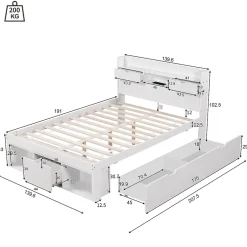 ModernLuxe Lit adulte en MDF 135x190 cm - Avec port de recharge et rangements multifonctionnels - Blanc (matelas non inclus) Clearance