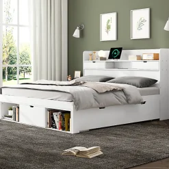 ModernLuxe Lit adulte en MDF 140x190 cm - Avec port de recharge et rangements multifonctionnels - Blanc (matelas non inclus)