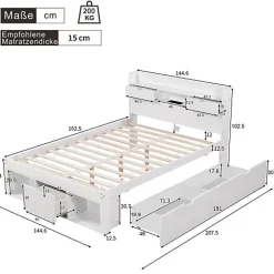 ModernLuxe Lit adulte en MDF 140x190 cm - Avec port de recharge et rangements multifonctionnels - Blanc (matelas non inclus)
