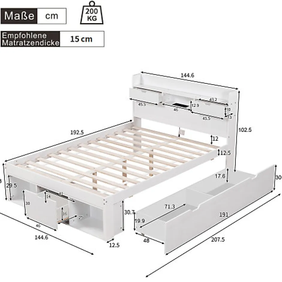ModernLuxe Lit adulte en MDF 140x190 cm - Avec port de recharge et rangements multifonctionnels - Blanc (matelas non inclus)