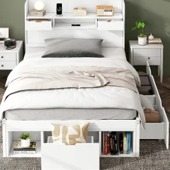ModernLuxe Lit adulte en MDF 90x190 cm - Avec port de recharge et rangements multifonctionnels - Blanc (matelas non inclus) Discount