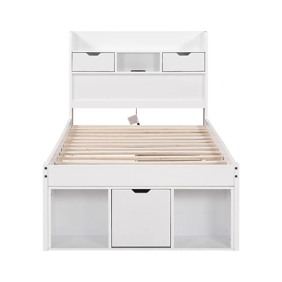 ModernLuxe Lit adulte en MDF 90x190 cm - Avec port de recharge et rangements multifonctionnels - Blanc (matelas non inclus) Discount