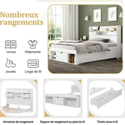 ModernLuxe Lit adulte en MDF 90x190 cm - Avec port de recharge et rangements multifonctionnels - Blanc (matelas non inclus) Discount
