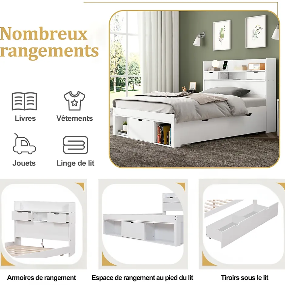 ModernLuxe Lit adulte en MDF 90x190 cm - Avec port de recharge et rangements multifonctionnels - Blanc (matelas non inclus) Discount