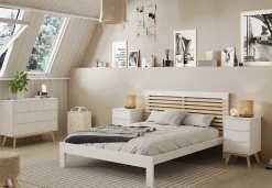 Pegane Lit adulte en pin et MDF coloris blanc, naturel - Longueur 197,7 x Profondeur 153,2 x Hauteur 100 cm