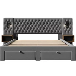 ModernLuxe Lit adulte en velours 160x200 cm - avec 2 chevets et 4 tiroirs - 2 liseuses avec prise USB - Gris (matelas non inclus) Clearance