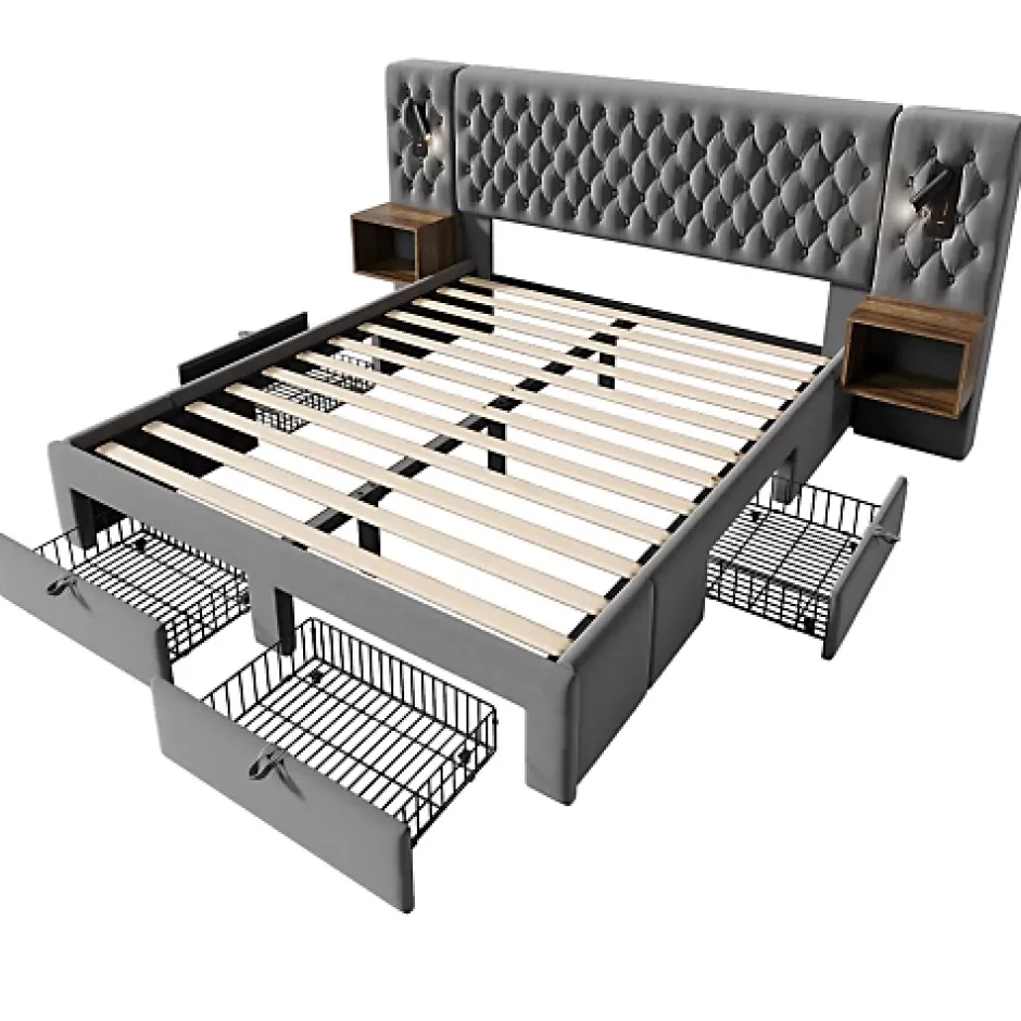 ModernLuxe Lit adulte en velours 160x200 cm - avec 2 chevets et 4 tiroirs - 2 liseuses avec prise USB - Gris (matelas non inclus) Clearance