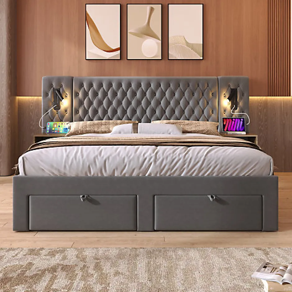 ModernLuxe Lit adulte en velours 160x200 cm - avec 2 chevets et 4 tiroirs - 2 liseuses avec prise USB - Gris (matelas non inclus) Clearance