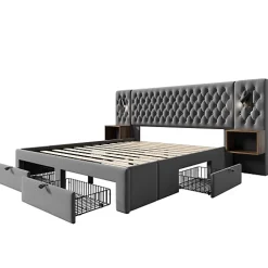 ModernLuxe Lit adulte en velours 160x200 cm - avec 2 chevets et 4 tiroirs - 2 liseuses avec prise USB - Gris (matelas non inclus) Clearance