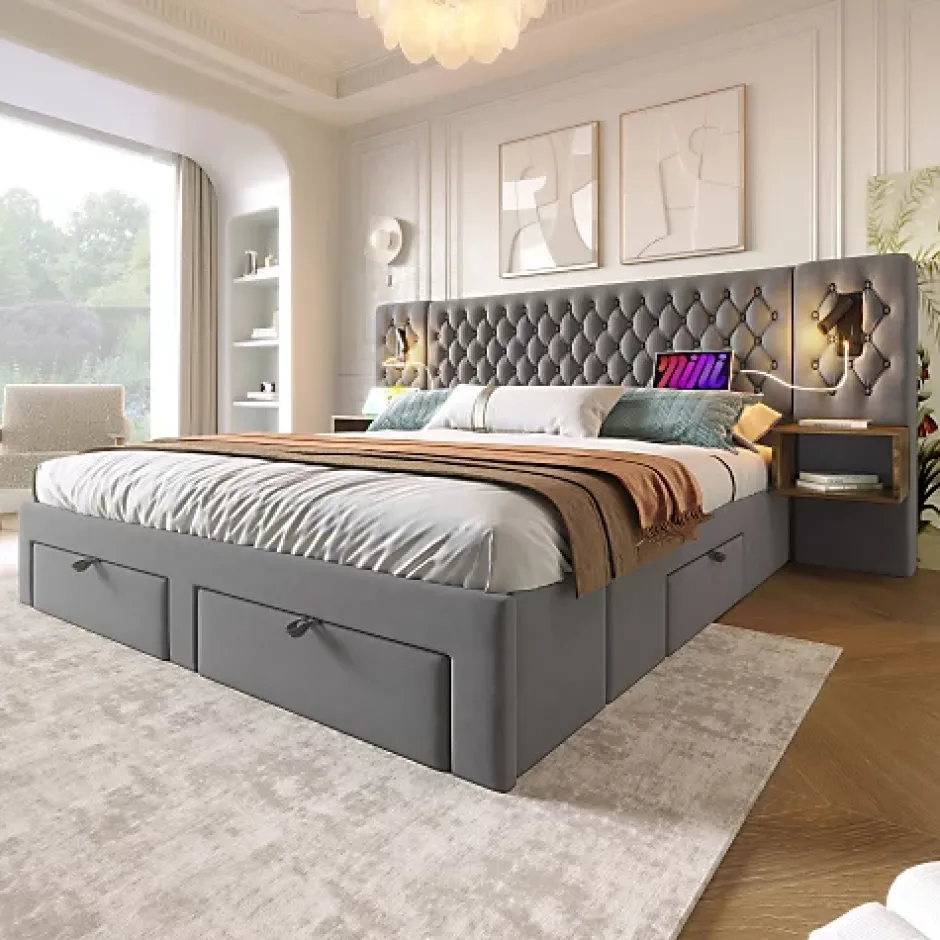 ModernLuxe Lit adulte en velours 160x200 cm - avec 2 chevets et 4 tiroirs - 2 liseuses avec prise USB - Gris (matelas non inclus) Clearance