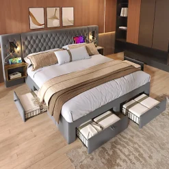 ModernLuxe Lit adulte en velours 160x200 cm - avec 2 chevets et 4 tiroirs - 2 liseuses avec prise USB - Gris (matelas non inclus) Clearance