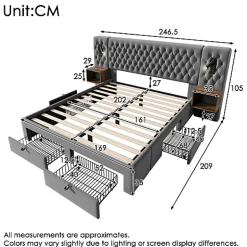 ModernLuxe Lit adulte en velours 160x200 cm - avec 2 chevets et 4 tiroirs - 2 liseuses avec prise USB - Gris (matelas non inclus) Clearance