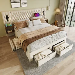 ModernLuxe Lit adulte en velours 180x200 cm - avec 2 chevets et 4 tiroirs - 2 liseuses avec prise USB - Beige (matelas non inclus)