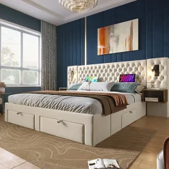 ModernLuxe Lit adulte en velours 180x200 cm - avec 2 chevets et 4 tiroirs - 2 liseuses avec prise USB - Beige (matelas non inclus)