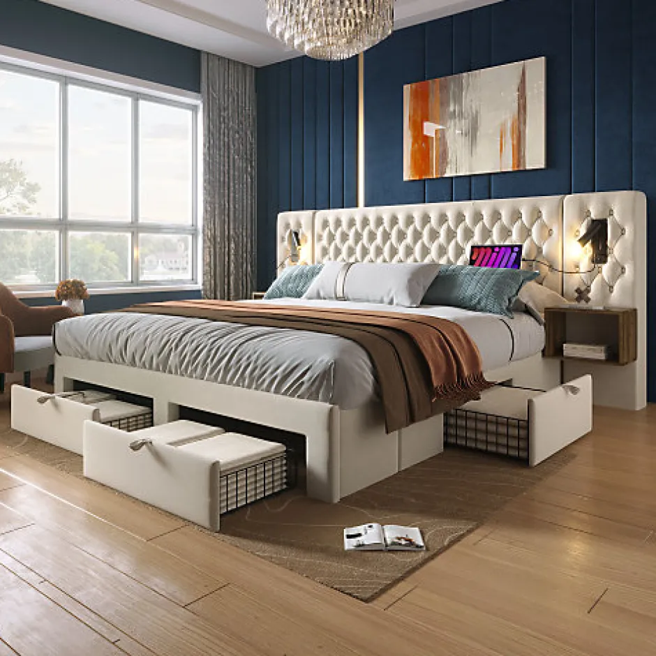 ModernLuxe Lit adulte en velours 180x200 cm - avec 2 chevets et 4 tiroirs - 2 liseuses avec prise USB - Beige (matelas non inclus)